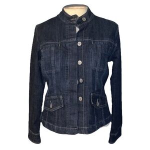 Chicos Platinum Jean jacket dark blue wash silver button up size 0